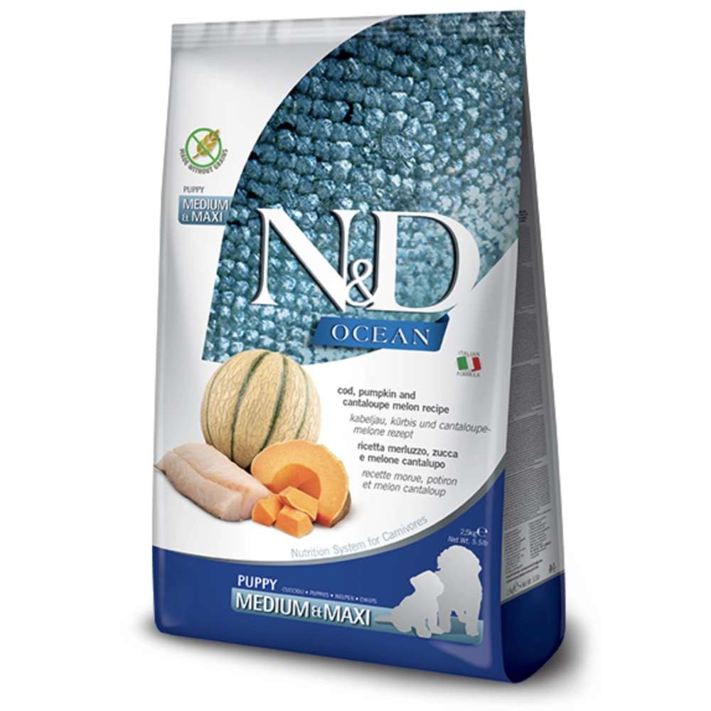 Farmina Dog N&D Grain Free Ocean Cod, Pumpkin&Cantaloupe Melon Puppy Medium&Maxi 